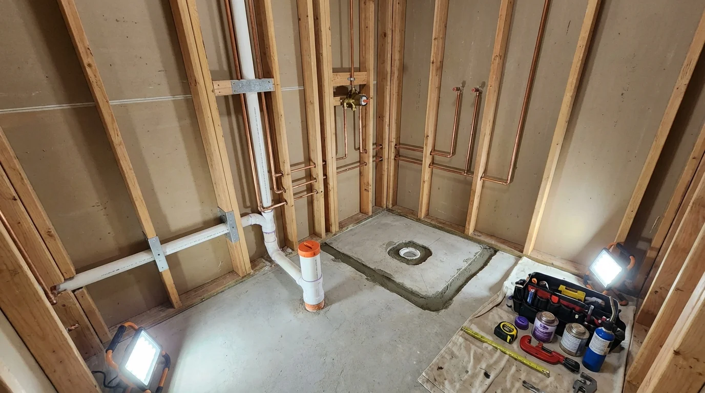 Bathroom rough-in plumbing during remodel by Johns Plumbing LLC in West Sacramento