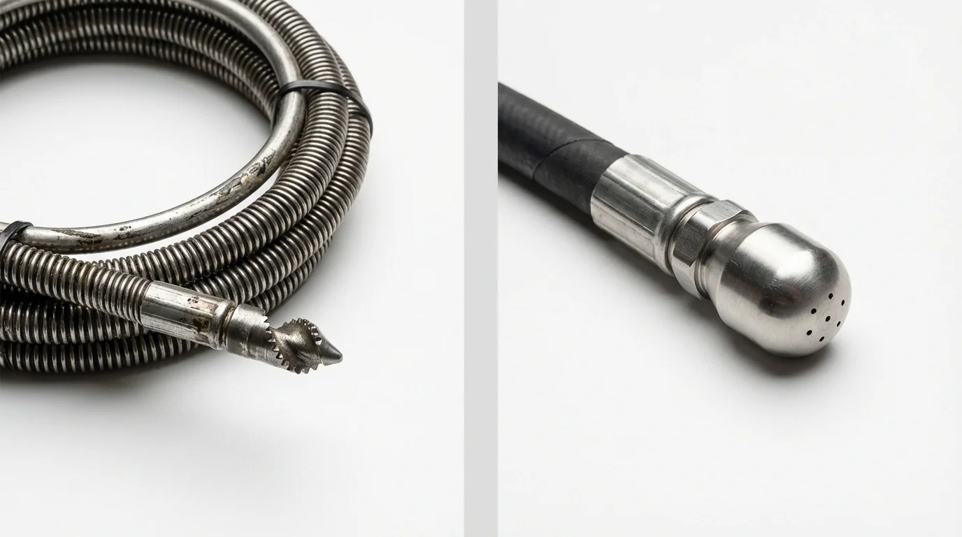 Drain snake cable and hydro jetting nozzle used for drain cleaning in West Sacramento, CA