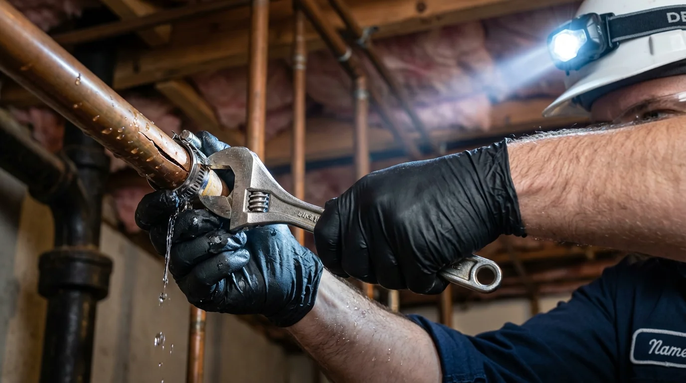 Emergency pipe clamp repair being performed by a Johns Plumbing LLC plumber in West Sacramento
