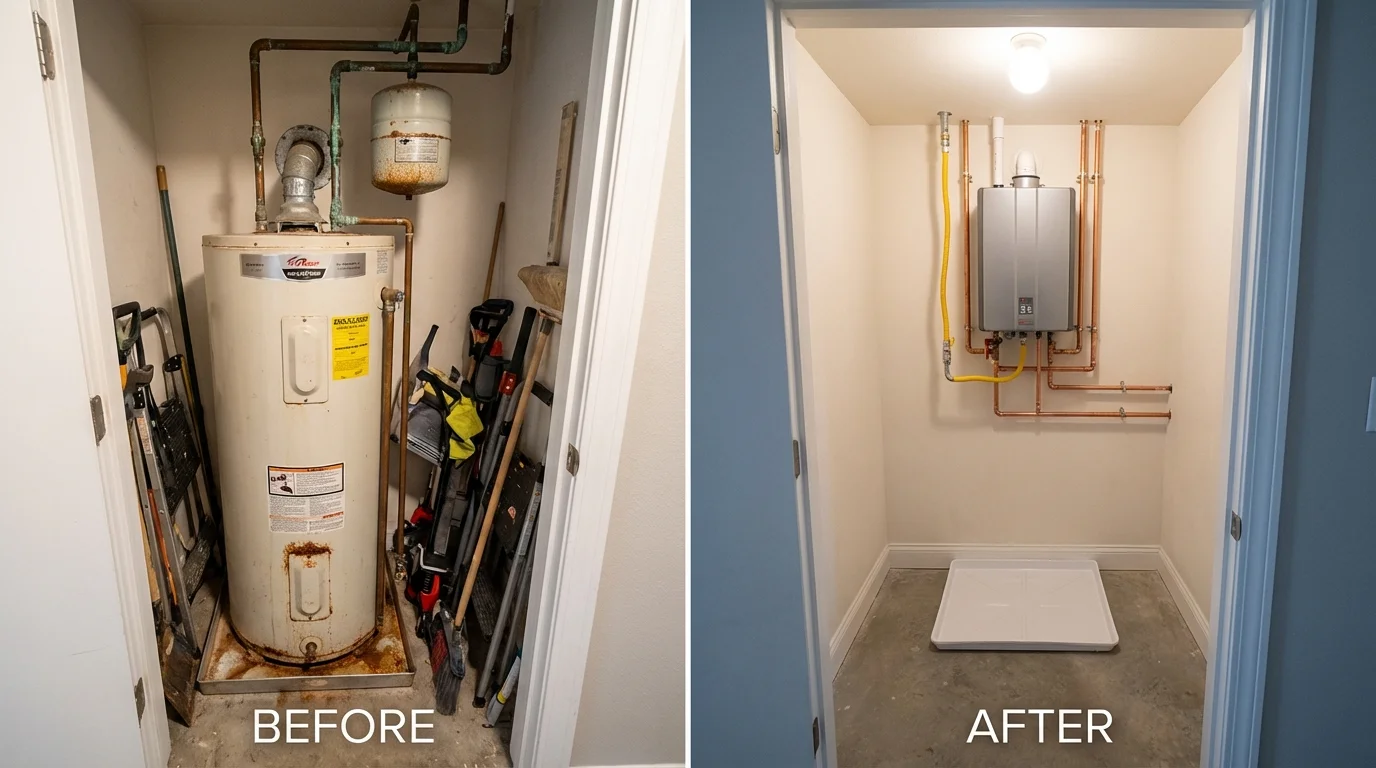 Tank water heater versus wall-mounted tankless unit comparison for West Sacramento, CA homeowners