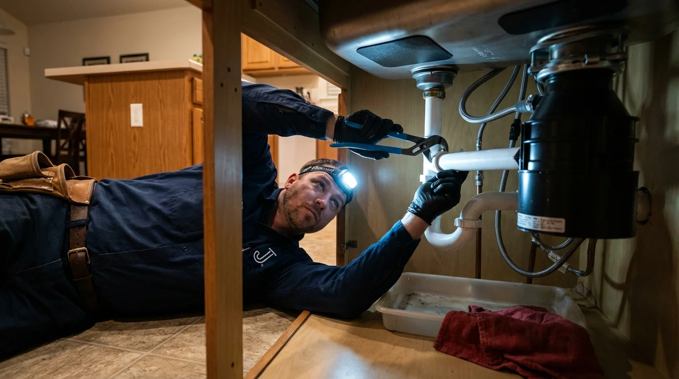 P-trap and supply line connections under a kitchen sink showing a common leak point in West Sacramento, CA
